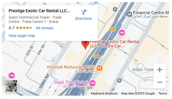 Map showing Prestige Exotic Car Rental locations in Dubai for Porsche 911 Carrera Cabrio rentals